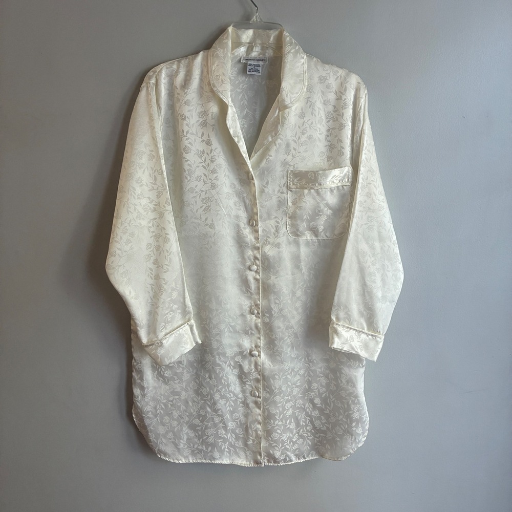 Morgan Taylor Sleep Shirt Womens Petite Ivory Satin Floral Vintage Nightgown